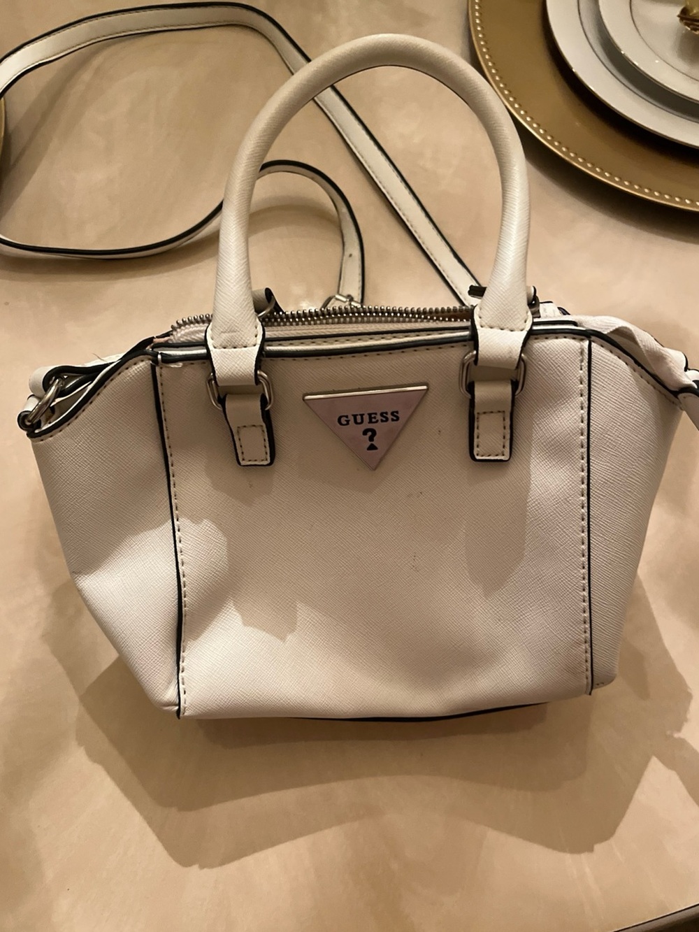 GUESS Cream/White Saffiano Satchel with Top Handles